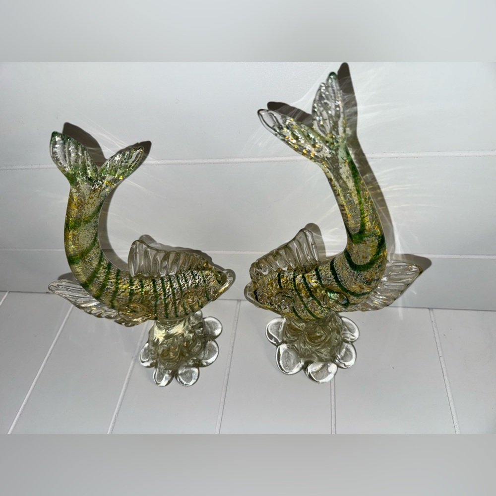 SET - Murano Glass Hand Blown Green Fish Silver & Gold Aventurine 10.75"